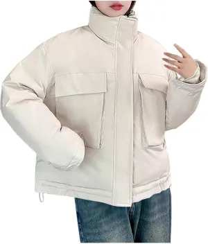 Women's Cropped Puffer Jacket Pockets Full Zip Padded Down Coats Parkas Long Sleeve Baggy Quilted Jackets Outerwear