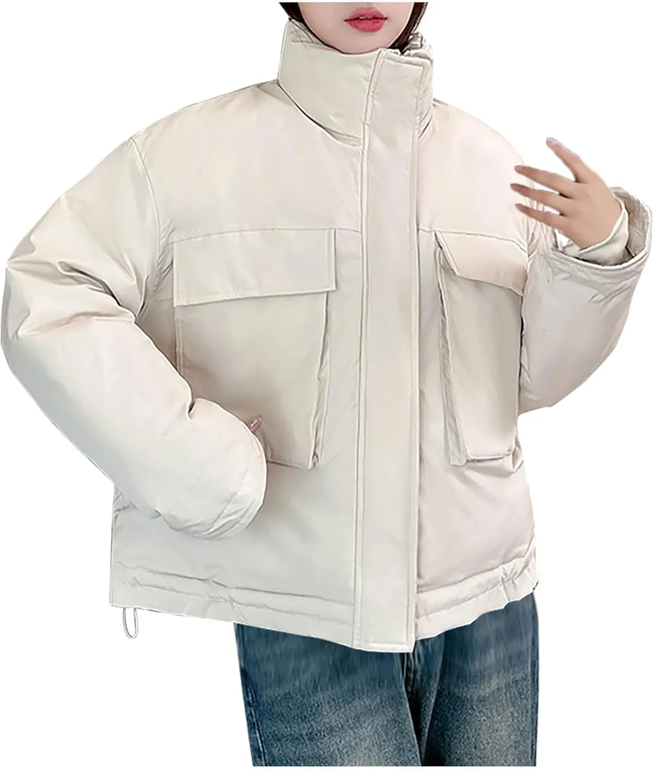 Women's Cropped Puffer Jacket Pockets Full Zip Padded Down Coats Parkas Long Sleeve Baggy Quilted Jackets Outerwear