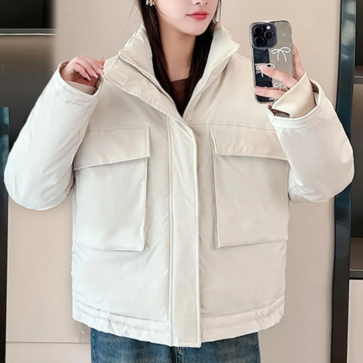 Women's Cropped Puffer Jacket Pockets Full Zip Padded Down Coats Parkas Long Sleeve Baggy Quilted Jackets Outerwear