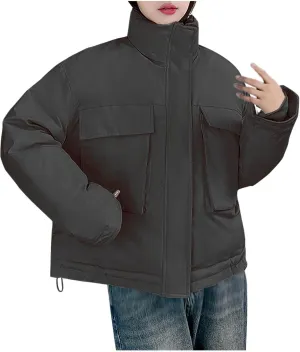 Women's Cropped Puffer Jacket Pockets Full Zip Padded Down Coats Parkas Long Sleeve Baggy Quilted Jackets Outerwear
