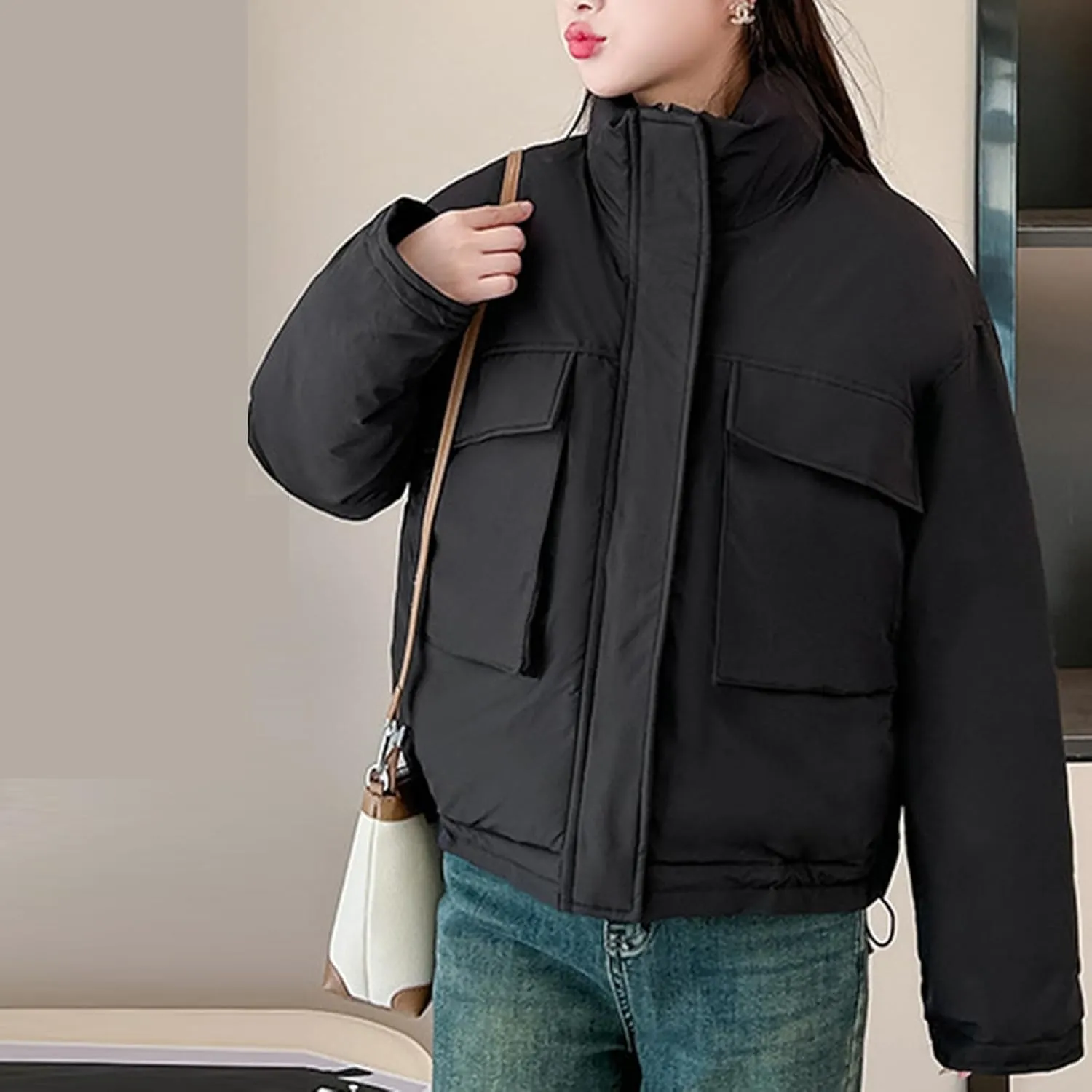 Women's Cropped Puffer Jacket Pockets Full Zip Padded Down Coats Parkas Long Sleeve Baggy Quilted Jackets Outerwear