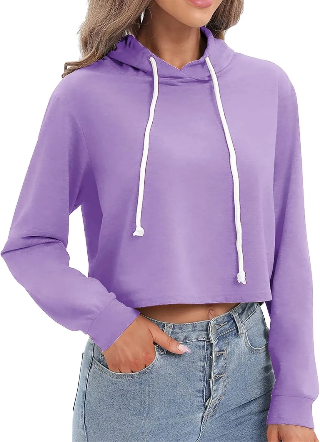 Womens Cropped Sweatshirts Hoodies Trendy Y2K Clothes Casual Long Sleeve Cute Tops Drawstring Pullover Workout Tops
