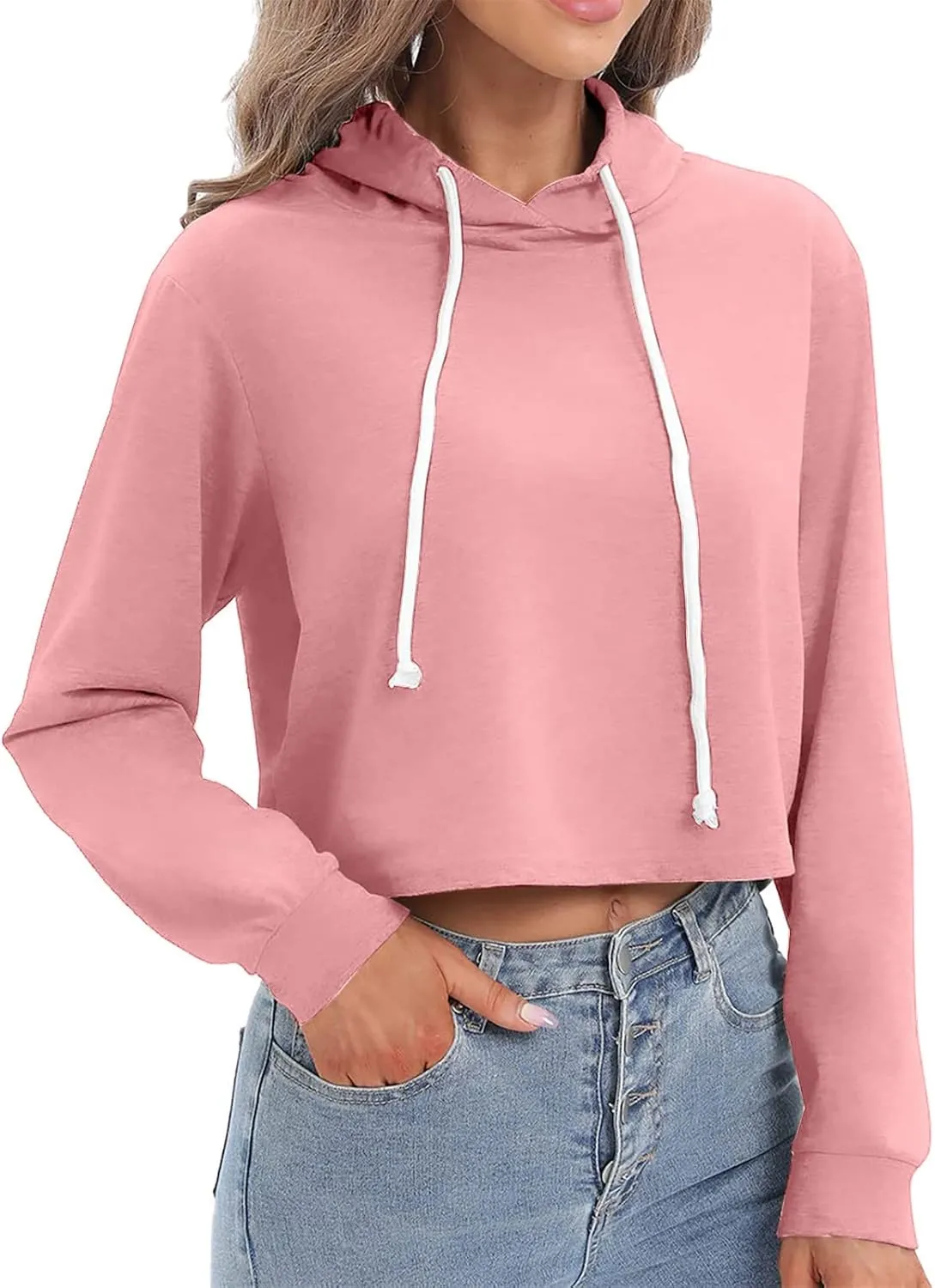 Womens Cropped Sweatshirts Hoodies Trendy Y2K Clothes Casual Long Sleeve Cute Tops Drawstring Pullover Workout Tops