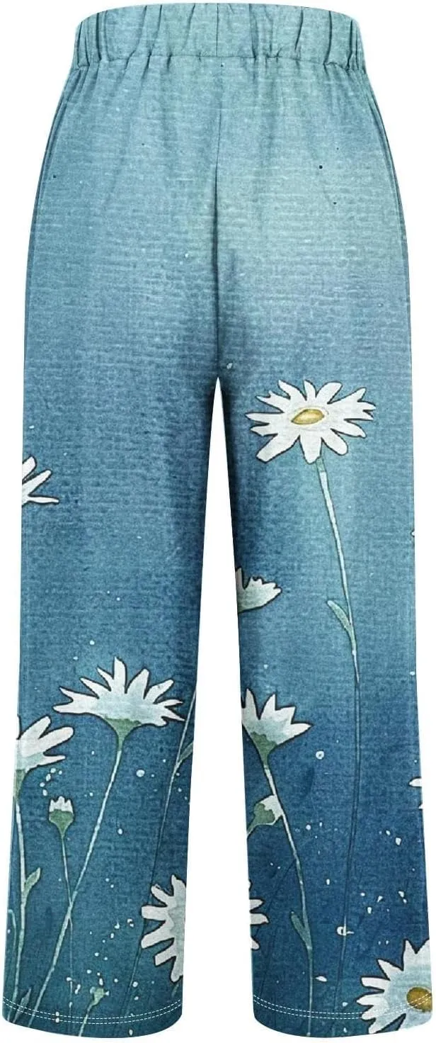 Womens Drawstring Linen Pants Summer Elastic Pants for Women Trendy Pants Work Casual Cropped
