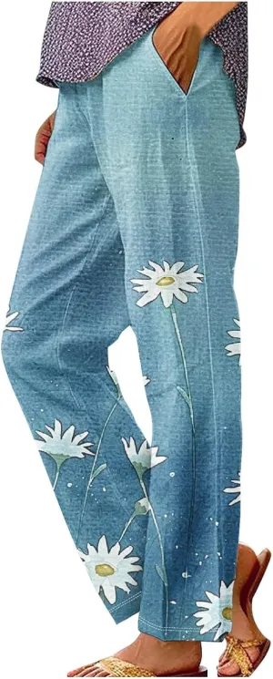 Womens Drawstring Linen Pants Summer Elastic Pants for Women Trendy Pants Work Casual Cropped