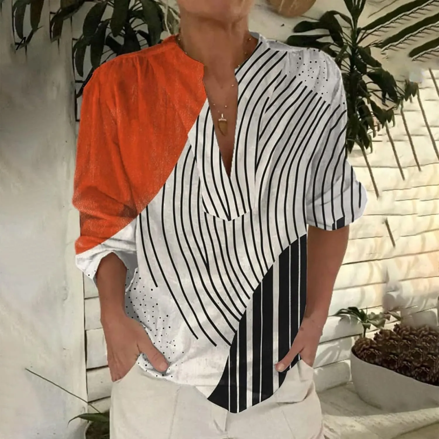 Women's Ethnic Linen Shirts Floral Print Button Down Shirt Fashion Lightweight Roll Up Sleeve Blouse Boho Shirts