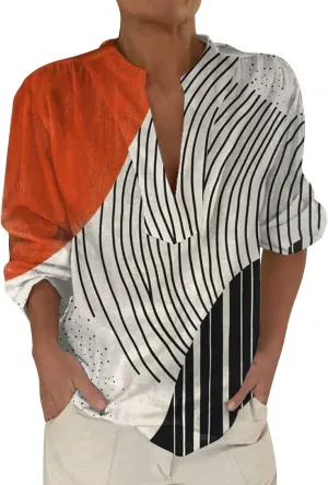 Women's Ethnic Linen Shirts Floral Print Button Down Shirt Fashion Lightweight Roll Up Sleeve Blouse Boho Shirts