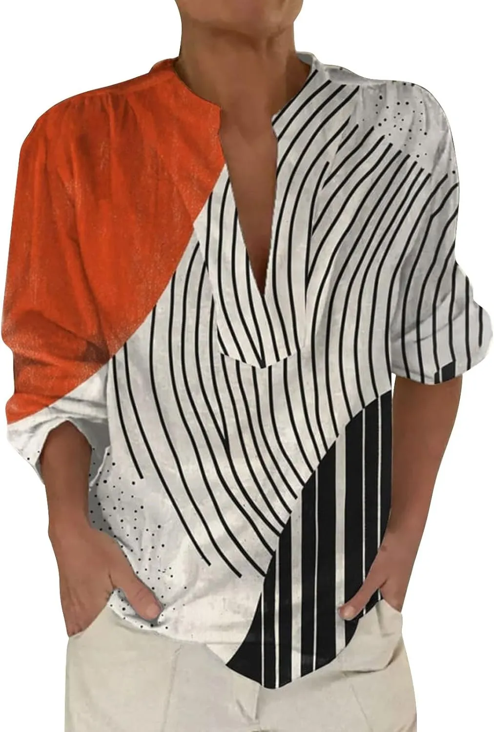 Women's Ethnic Linen Shirts Floral Print Button Down Shirt Fashion Lightweight Roll Up Sleeve Blouse Boho Shirts