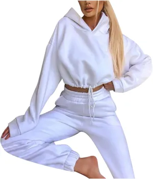 Womens Fashion Sweatsuits Y2K Tracksuit Casual Two Piece Outfits Cropped Sweatshirts Hoodies Jogger Pants Workout Sets
