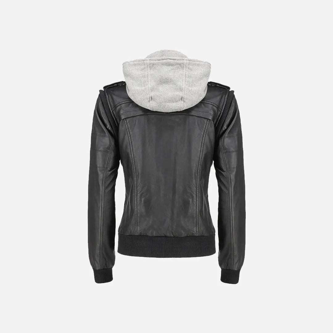 Women's Hooded Black Leather Jacket