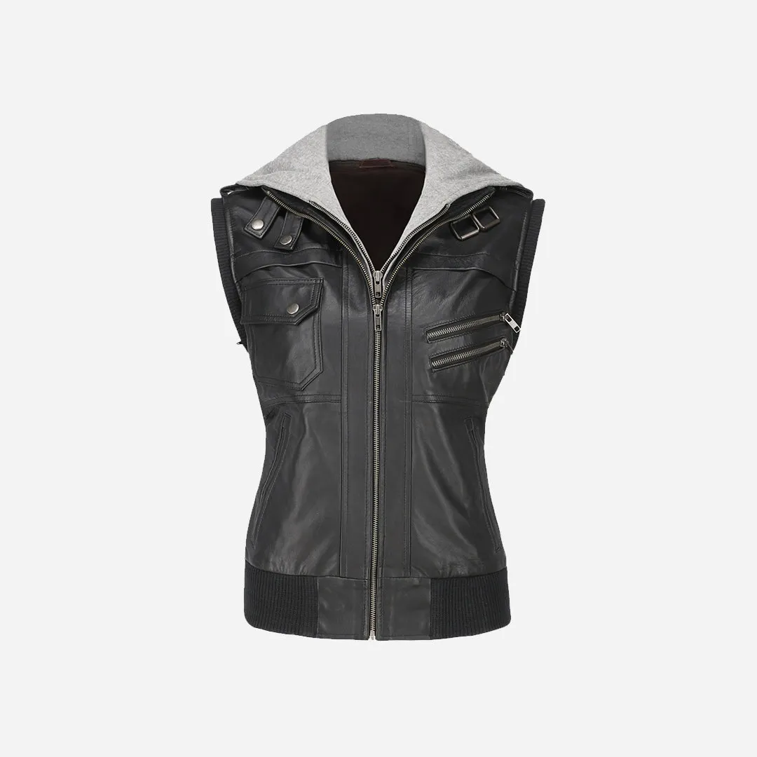 Women's Hooded Black Leather Jacket