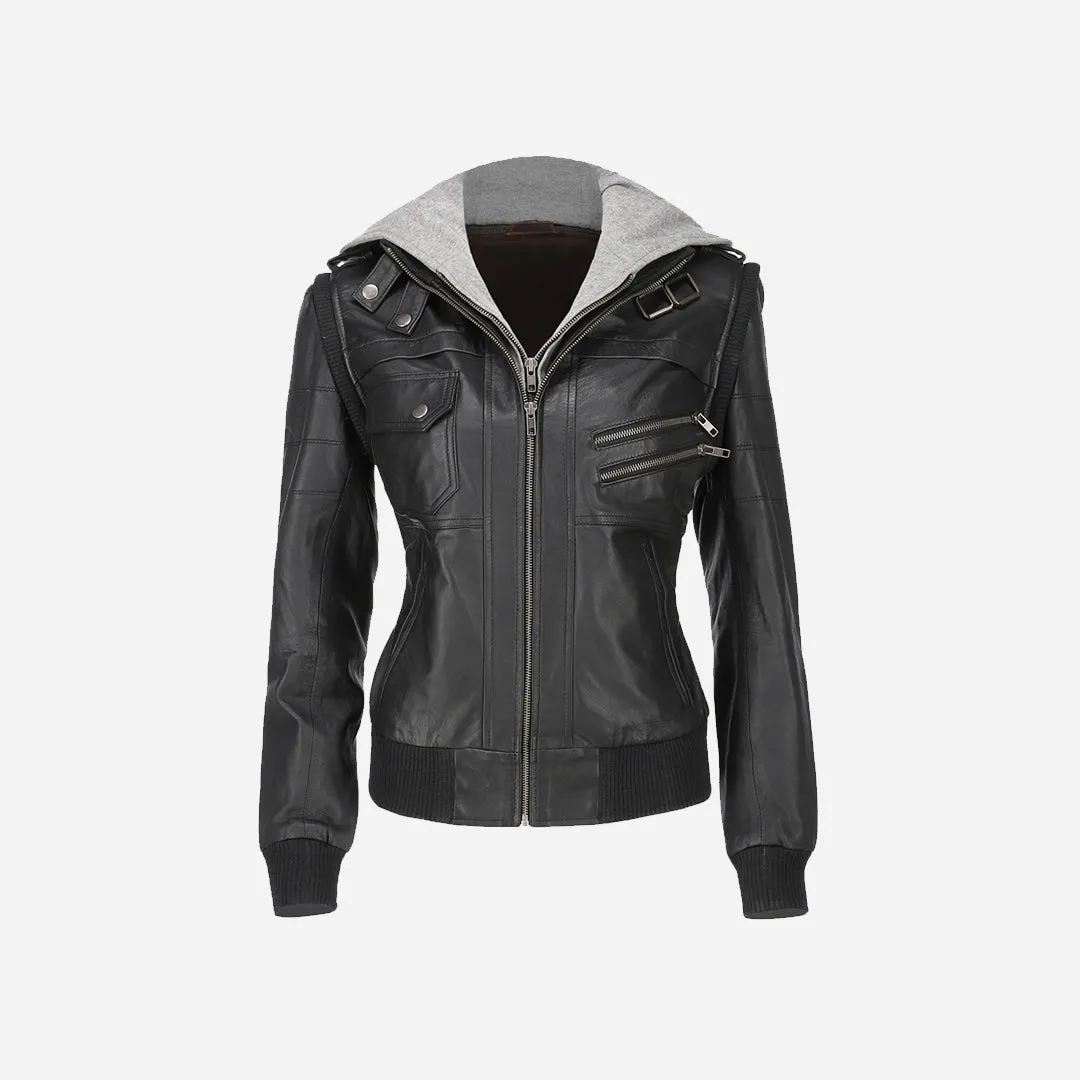 Women's Hooded Black Leather Jacket