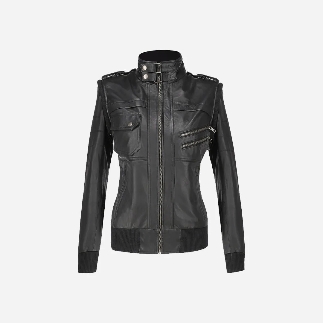 Women's Hooded Black Leather Jacket