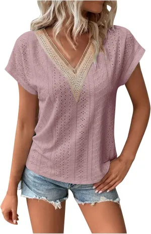 Womens Lace Trim Crochet V Neck Summer Tops Short Rolled Sleeve Shirts Casual Trendy Blouse Tunic Shirts Tshirts