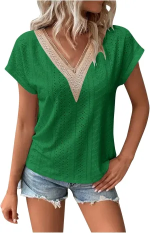 Womens Lace Trim Crochet V Neck Summer Tops Short Rolled Sleeve Shirts Casual Trendy Blouse Tunic Shirts Tshirts