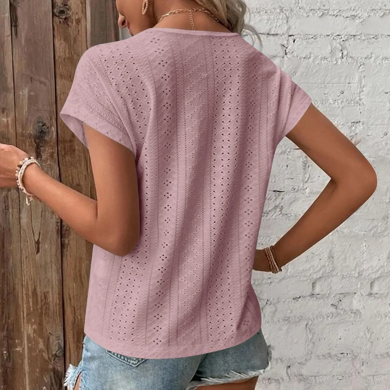Womens Lace Trim Crochet V Neck Summer Tops Short Rolled Sleeve Shirts Casual Trendy Blouse Tunic Shirts Tshirts