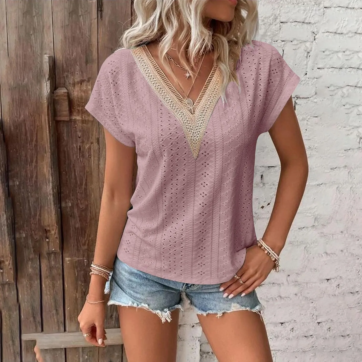Womens Lace Trim Crochet V Neck Summer Tops Short Rolled Sleeve Shirts Casual Trendy Blouse Tunic Shirts Tshirts