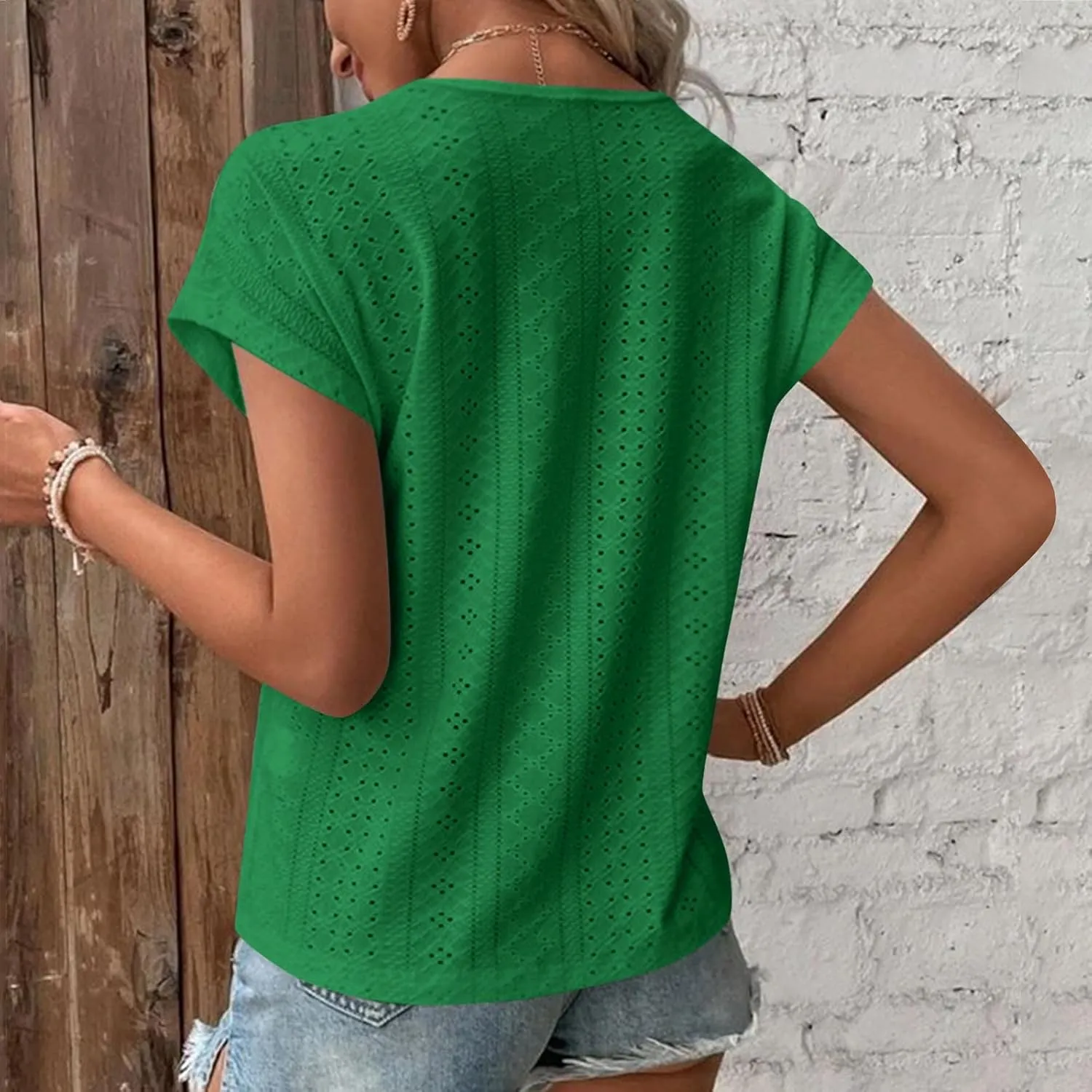 Womens Lace Trim Crochet V Neck Summer Tops Short Rolled Sleeve Shirts Casual Trendy Blouse Tunic Shirts Tshirts