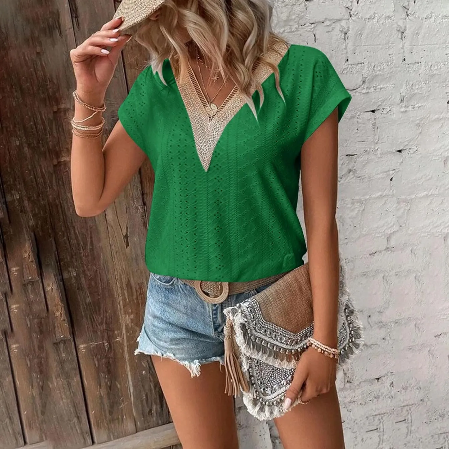 Womens Lace Trim Crochet V Neck Summer Tops Short Rolled Sleeve Shirts Casual Trendy Blouse Tunic Shirts Tshirts