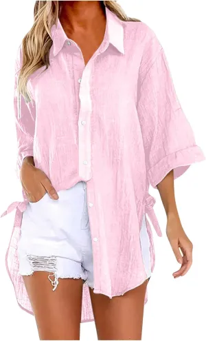 Womens Linen Button Down Shirts Business Casual Shirts Plus Size Lapel Collar Shirt Dressy Loose Fitting Tops Blouse