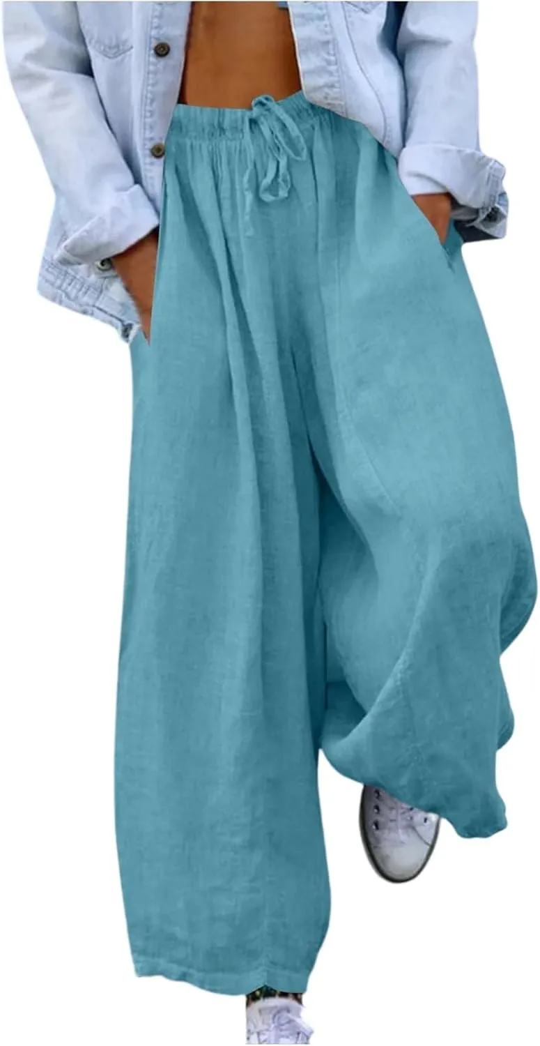Women's Linen High Waisted Summer Palazzo Pants Flowy Wide Leg Beach Long Lounge Pants Trousers with Pockets