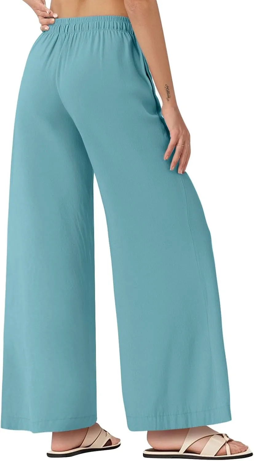 Women's Linen High Waisted Summer Palazzo Pants Flowy Wide Leg Beach Long Lounge Pants Trousers with Pockets