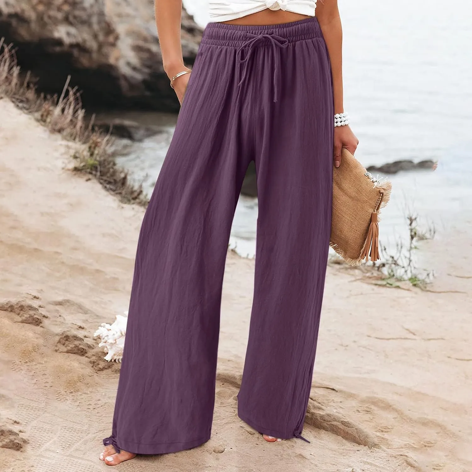 Womens Linen Pants Summer Casual Beach Pants High Waisted Wide Leg Pants Loose Yoga Pants Palazzo Pants with Pockets