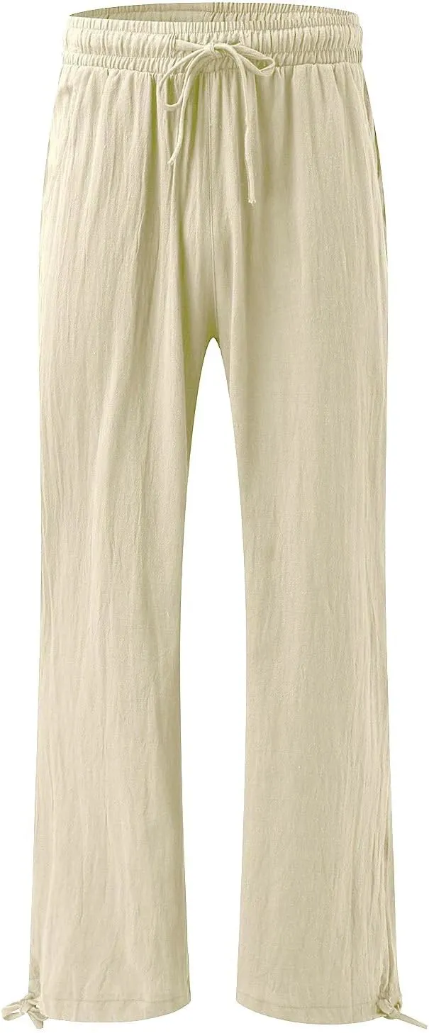 Womens Linen Pants Summer Casual Beach Pants High Waisted Wide Leg Pants Loose Yoga Pants Palazzo Pants with Pockets