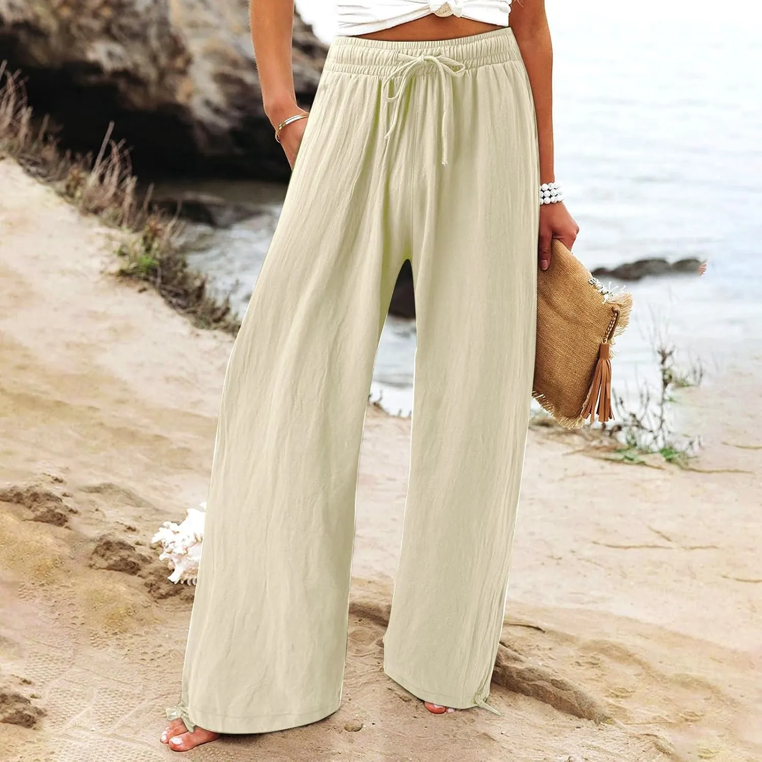 Womens Linen Pants Summer Casual Beach Pants High Waisted Wide Leg Pants Loose Yoga Pants Palazzo Pants with Pockets