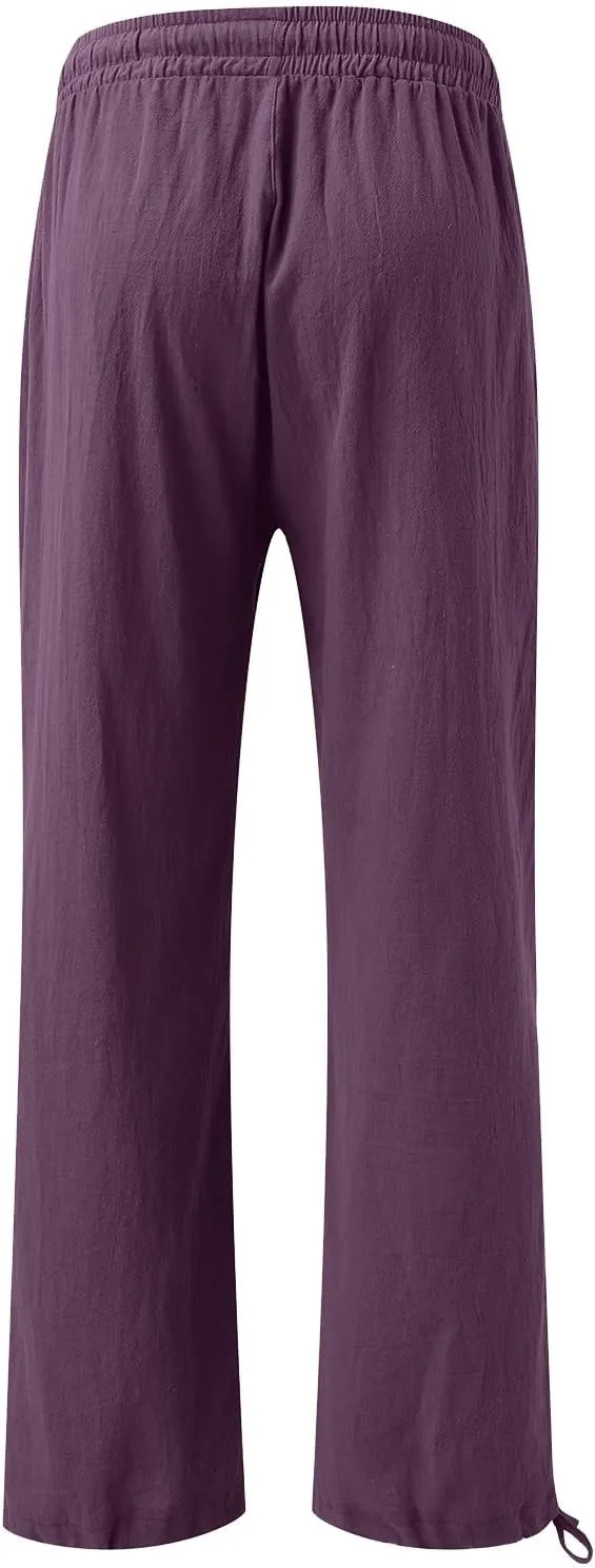 Womens Linen Pants Summer Casual Beach Pants High Waisted Wide Leg Pants Loose Yoga Pants Palazzo Pants with Pockets