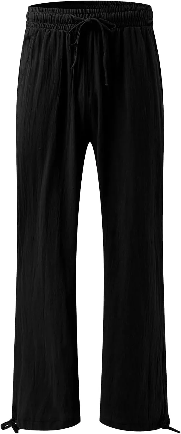 Womens Linen Pants Summer Casual Beach Pants High Waisted Wide Leg Pants Loose Yoga Pants Palazzo Pants with Pockets