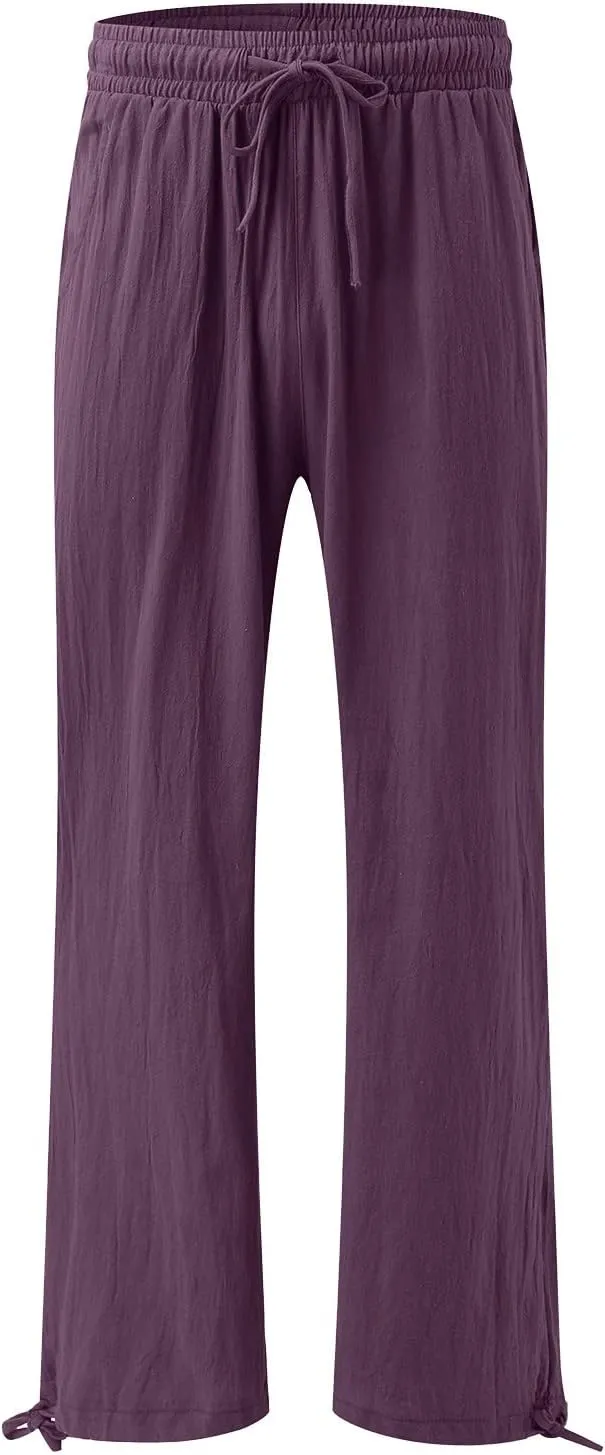 Womens Linen Pants Summer Casual Beach Pants High Waisted Wide Leg Pants Loose Yoga Pants Palazzo Pants with Pockets