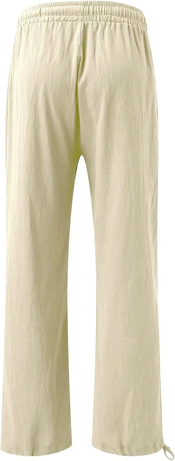 Womens Linen Pants Summer Casual Beach Pants High Waisted Wide Leg Pants Loose Yoga Pants Palazzo Pants with Pockets