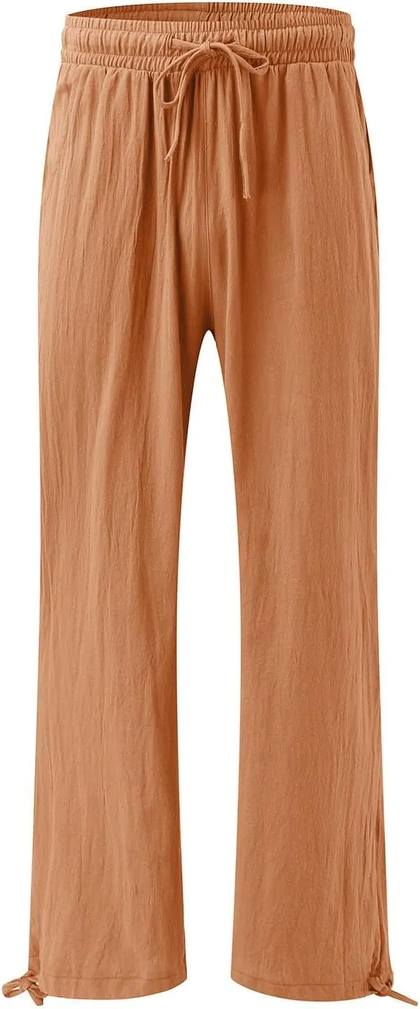 Womens Linen Pants Summer Casual Beach Pants High Waisted Wide Leg Pants Loose Yoga Pants Palazzo Pants with Pockets