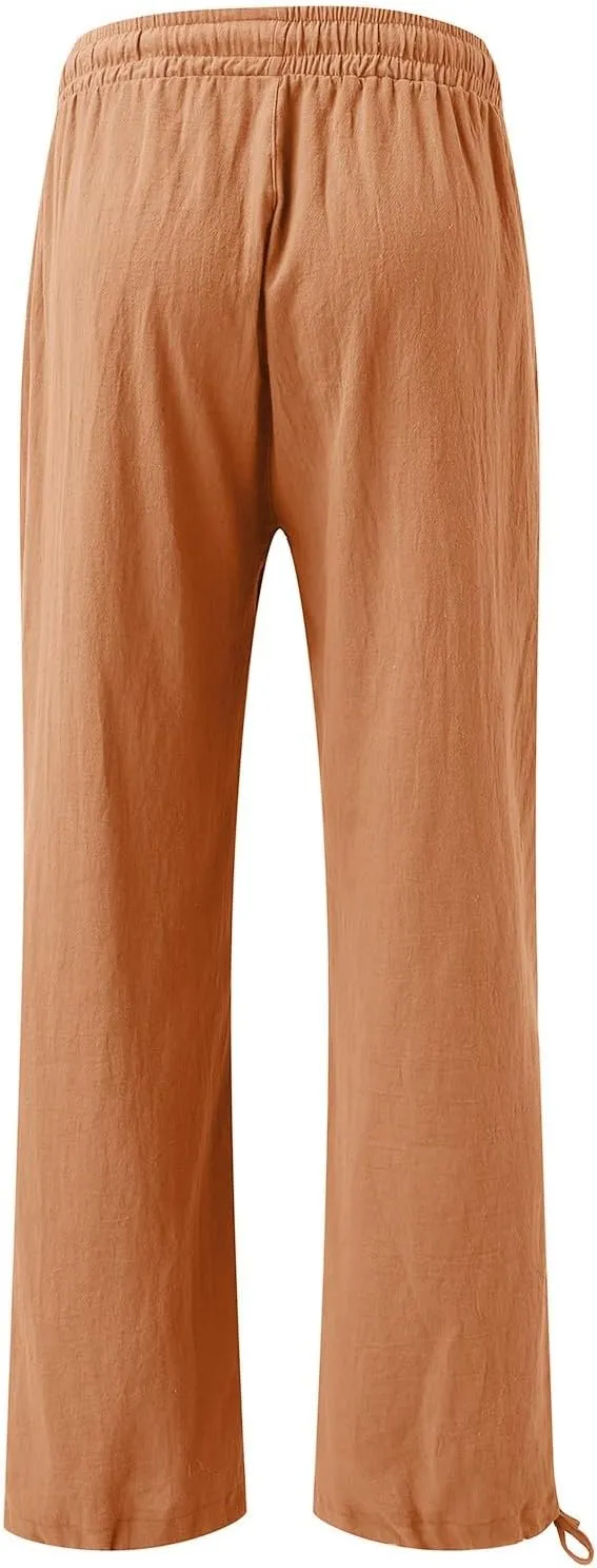 Womens Linen Pants Summer Casual Beach Pants High Waisted Wide Leg Pants Loose Yoga Pants Palazzo Pants with Pockets