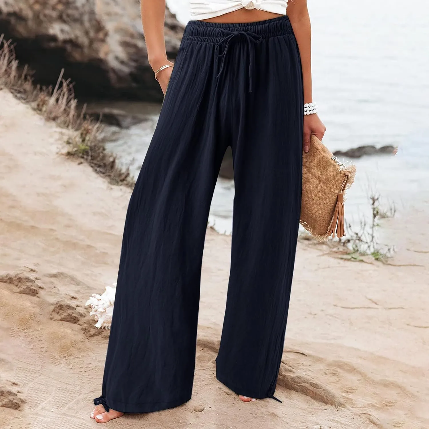 Womens Linen Pants Summer Casual Beach Pants High Waisted Wide Leg Pants Loose Yoga Pants Palazzo Pants with Pockets