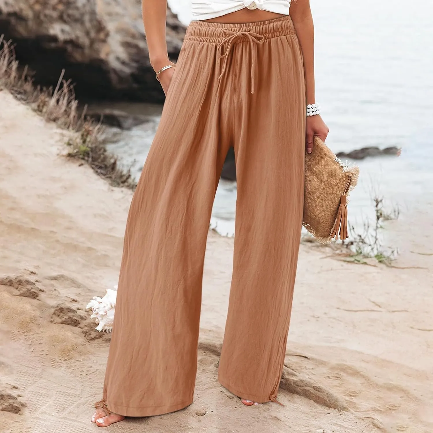 Womens Linen Pants Summer Casual Beach Pants High Waisted Wide Leg Pants Loose Yoga Pants Palazzo Pants with Pockets
