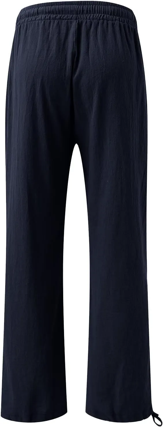 Womens Linen Pants Summer Casual Beach Pants High Waisted Wide Leg Pants Loose Yoga Pants Palazzo Pants with Pockets