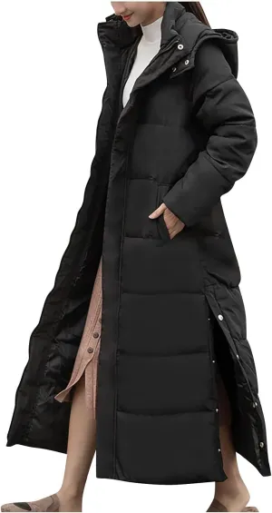 Womens Long Hood Puffer Jackets Winter Warm Down Coats Thicken Button Side Split Quilted Lightweight Jackets Outerwear