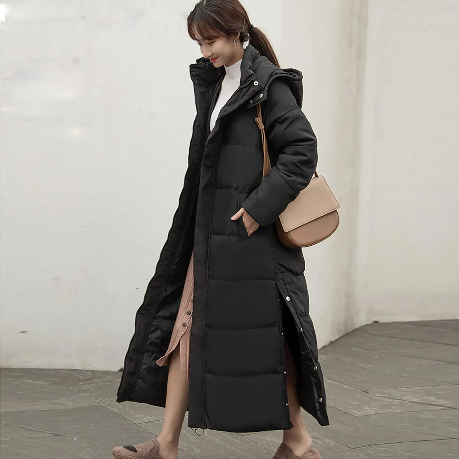 Womens Long Hood Puffer Jackets Winter Warm Down Coats Thicken Button Side Split Quilted Lightweight Jackets Outerwear