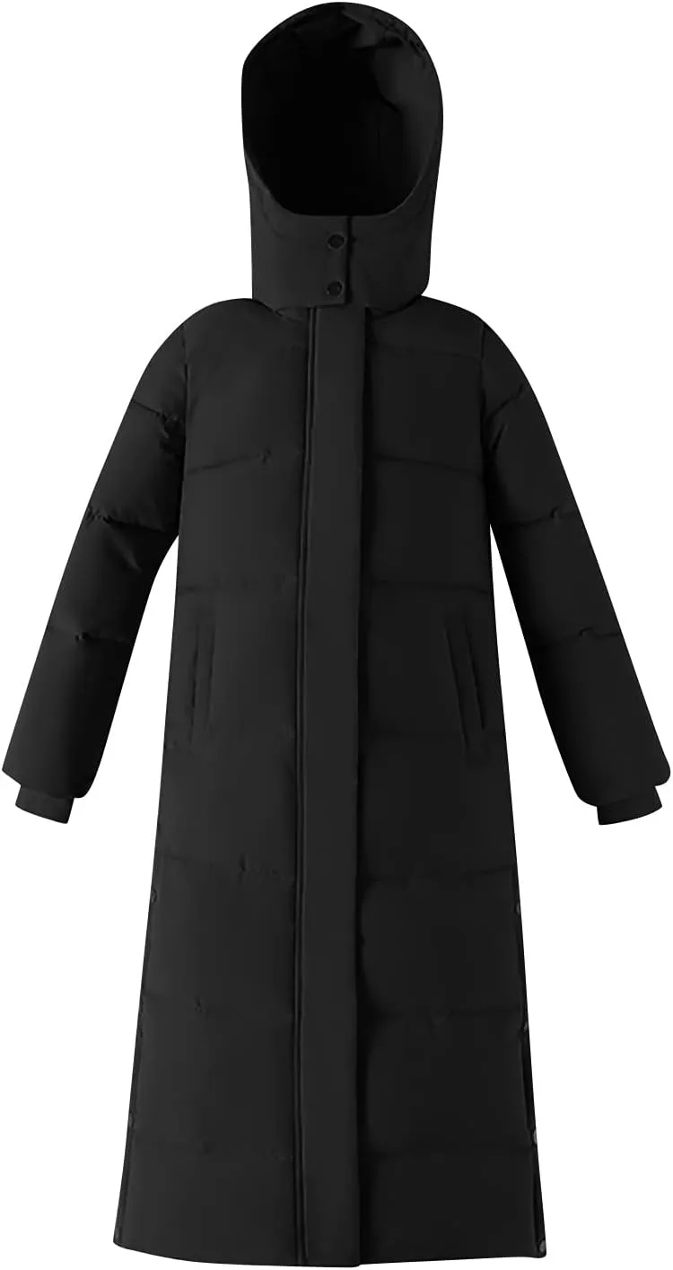 Womens Long Hood Puffer Jackets Winter Warm Down Coats Thicken Button Side Split Quilted Lightweight Jackets Outerwear