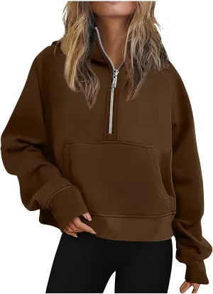 Womens Long Sleeve Hooded Sweatshirts Casual Half Zip Pullover Fashion Fall Outfits Fleece Cropped Jackets Outerwear