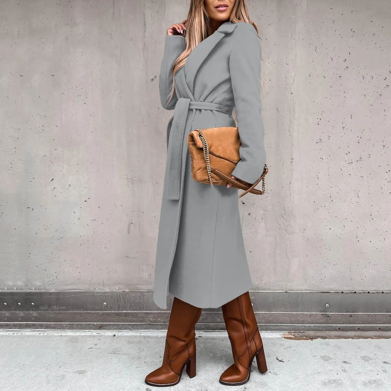 Women's Notch Lapel Wool Blend Pea Coat Long Sleeve Casual Fall Winter Long Overcoat with Belt Winter Jackets Outerwear
