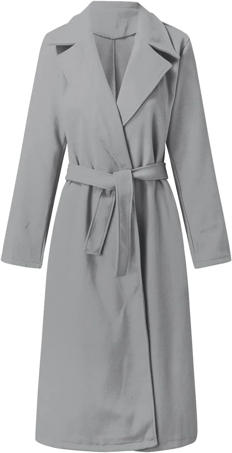 Women's Notch Lapel Wool Blend Pea Coat Long Sleeve Casual Fall Winter Long Overcoat with Belt Winter Jackets Outerwear