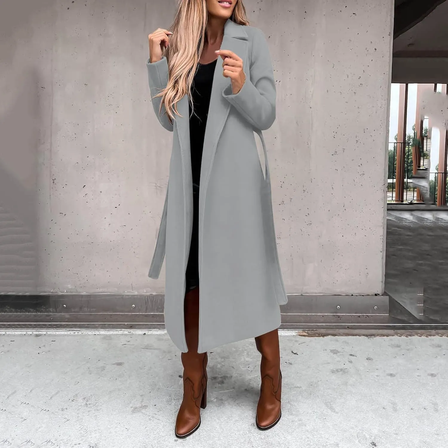 Women's Notch Lapel Wool Blend Pea Coat Long Sleeve Casual Fall Winter Long Overcoat with Belt Winter Jackets Outerwear
