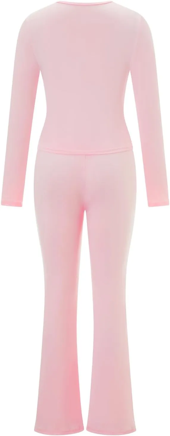 Women's Office Pantsuit - Long Sleeve Crew Neck Top & Low-Rise Flare Pants, Tailored Workwear Set