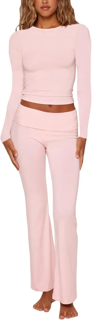 Women's Office Pantsuit - Long Sleeve Crew Neck Top & Low-Rise Flare Pants, Tailored Workwear Set
