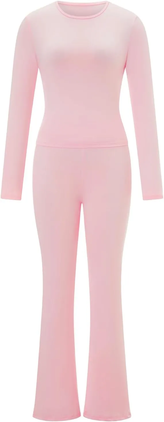Women's Office Pantsuit - Long Sleeve Crew Neck Top & Low-Rise Flare Pants, Tailored Workwear Set