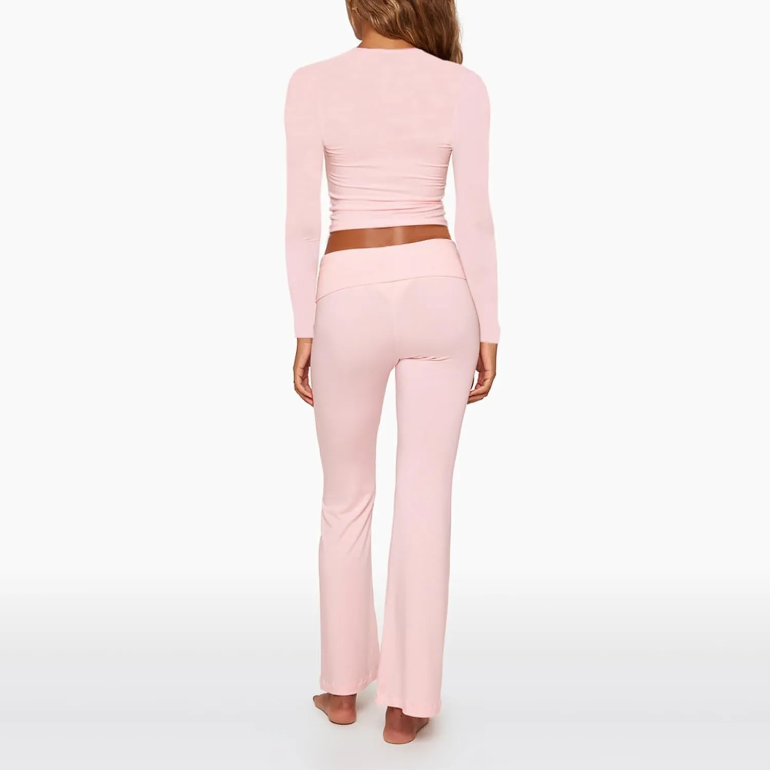 Women's Office Pantsuit - Long Sleeve Crew Neck Top & Low-Rise Flare Pants, Tailored Workwear Set