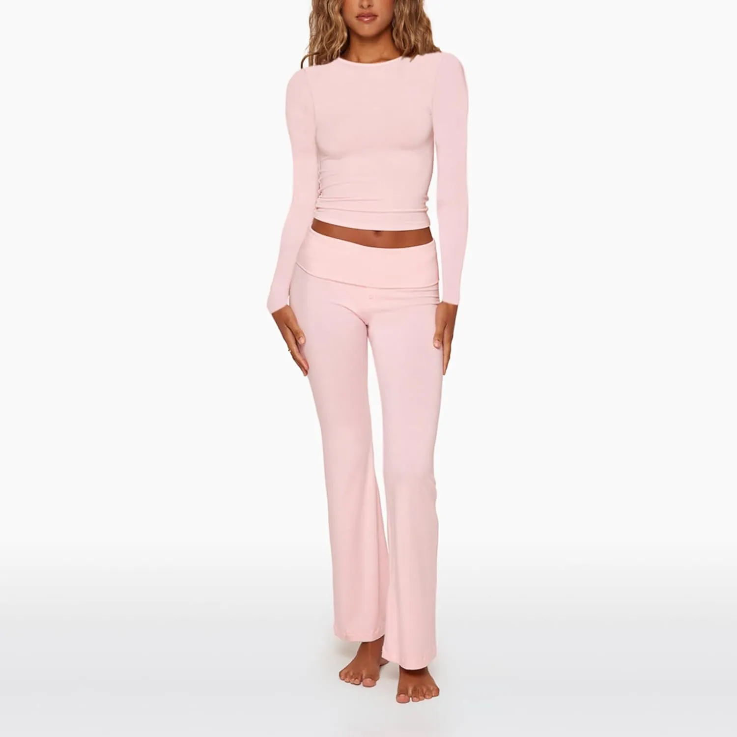 Women's Office Pantsuit - Long Sleeve Crew Neck Top & Low-Rise Flare Pants, Tailored Workwear Set